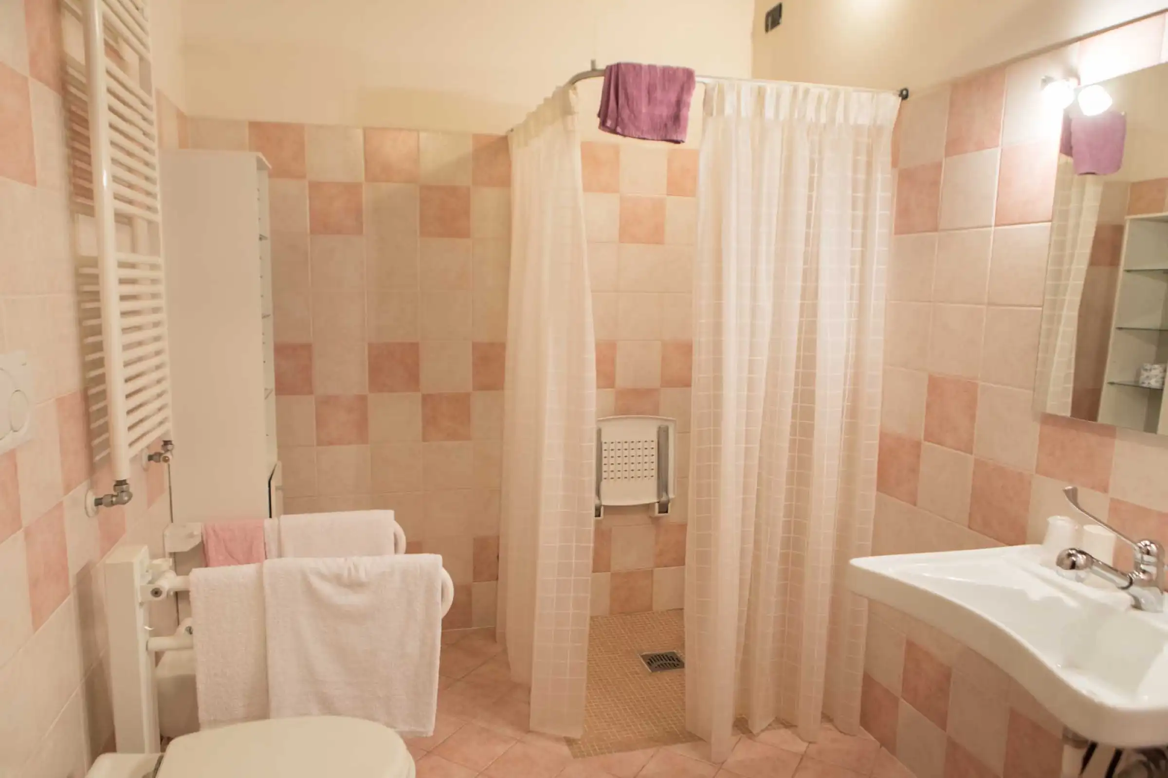 Private bathroom with shower, washbasin and towel warmer
